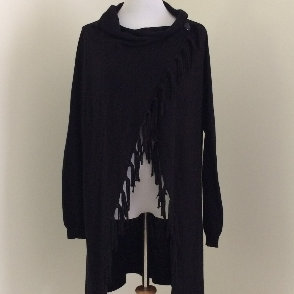 Linea Domani Sweater Womens Large Wool Blend Whimsigoth Fringe Black Open Witchy